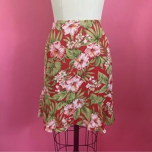 Vintage 90s/Y2K *SILK* Tropical Hibiscus Floral Red Pink Ruffled Mini Skirt 8P